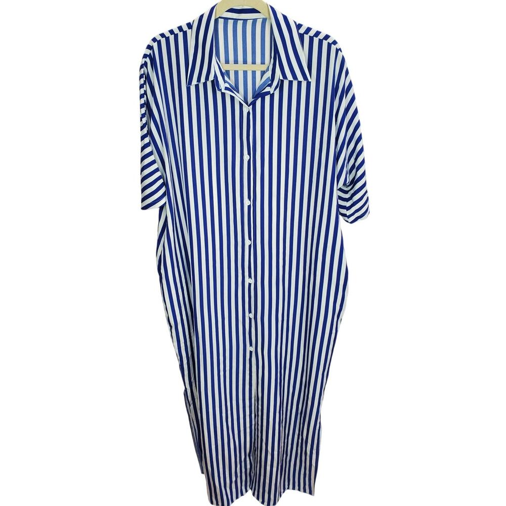 Blue White Striped Button Down Maxi Dress 0XL